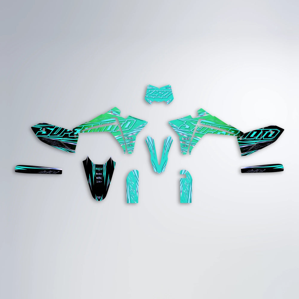 VELOCITY Fantic graphics kit parts layout in Cyan & Green