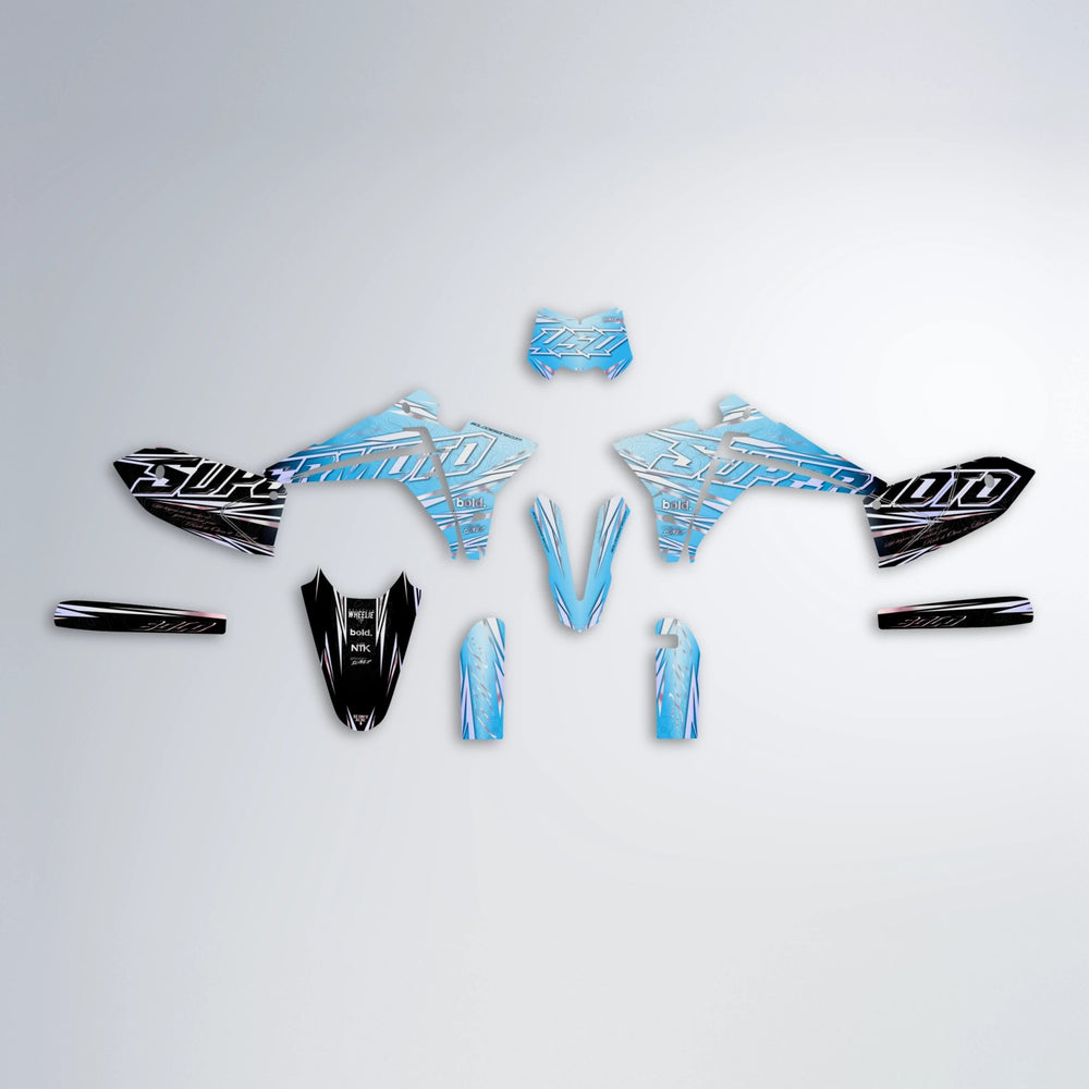 VELOCITY Fantic graphics kit parts layout in Light Blue & White