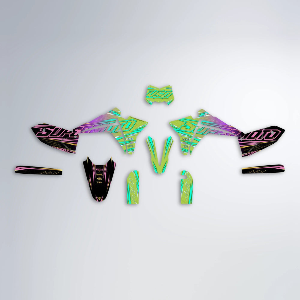 VELOCITY Fantic graphics kit parts layout in Purple & Yellow