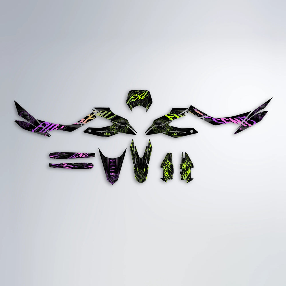 VENOM Aprilia SX 125 graphics kit parts layout in Purple & Yellow