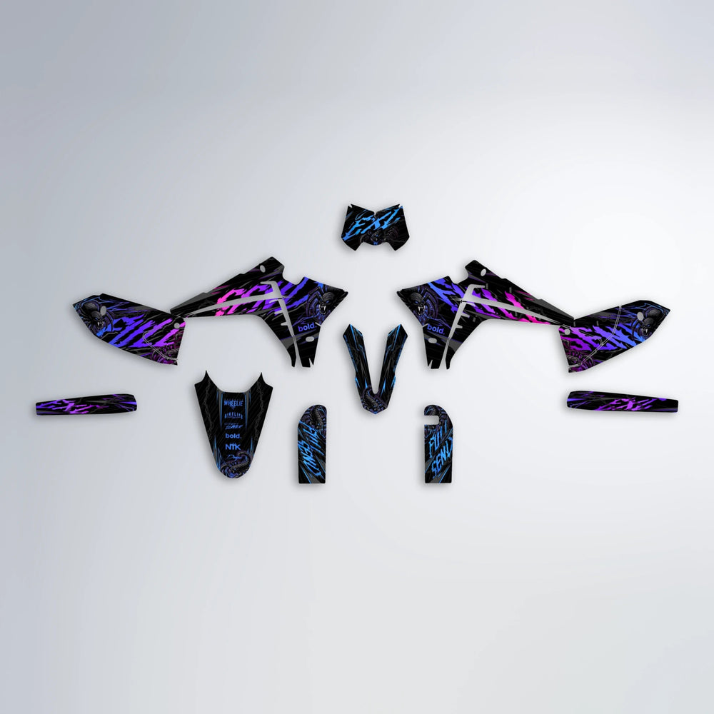 VENOM Fantic graphics kit parts layout in Blue Purple Fade