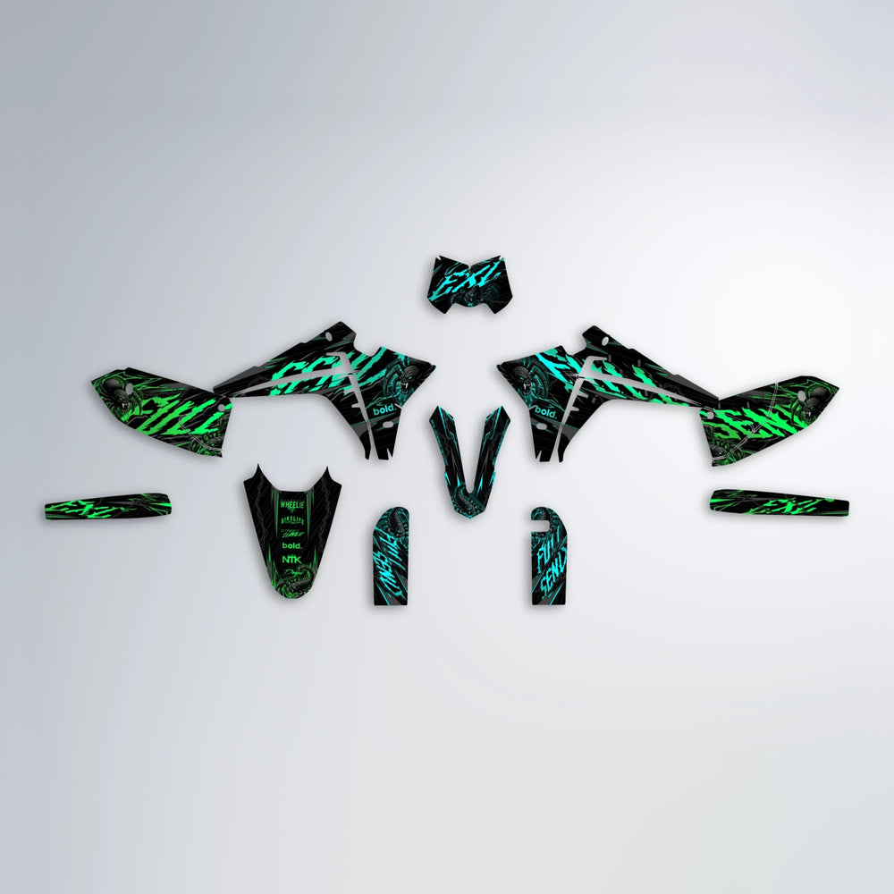 VENOM Fantic graphics kit parts layout in Cyan & Green