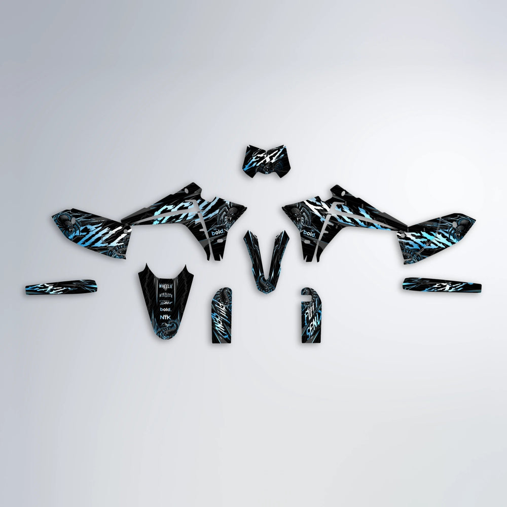 VENOM Fantic graphics kit parts layout in Light Blue & White