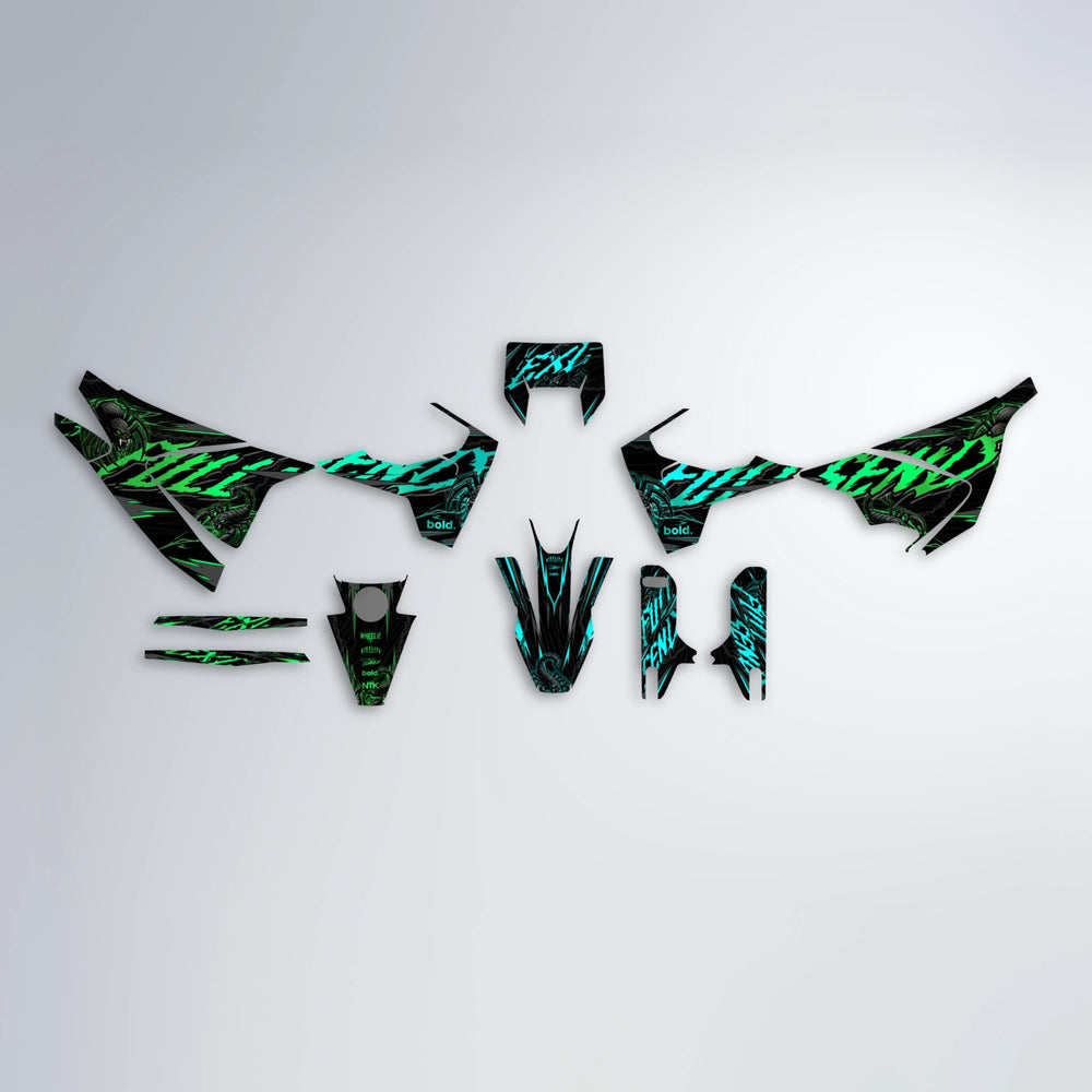 VENOM Husqvarna 701 graphics kit parts layout in Cyan & Green