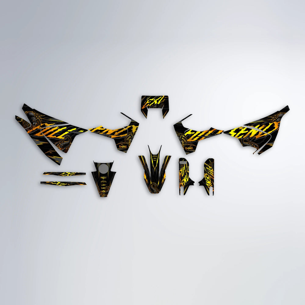 VENOM Husqvarna 701 graphics kit parts layout in Orange & Yellow