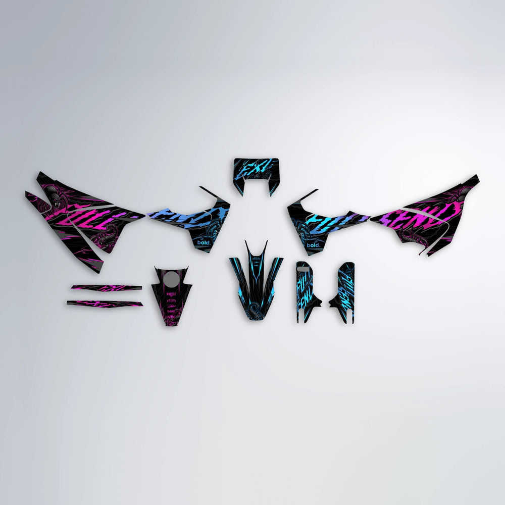 VENOM Husqvarna 701 graphics kit parts layout in Pink & Light Blue
