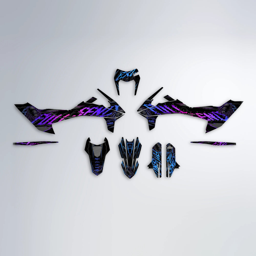 VENOM KTM SMC 690 graphics kit parts layout in Blue Purple Fade