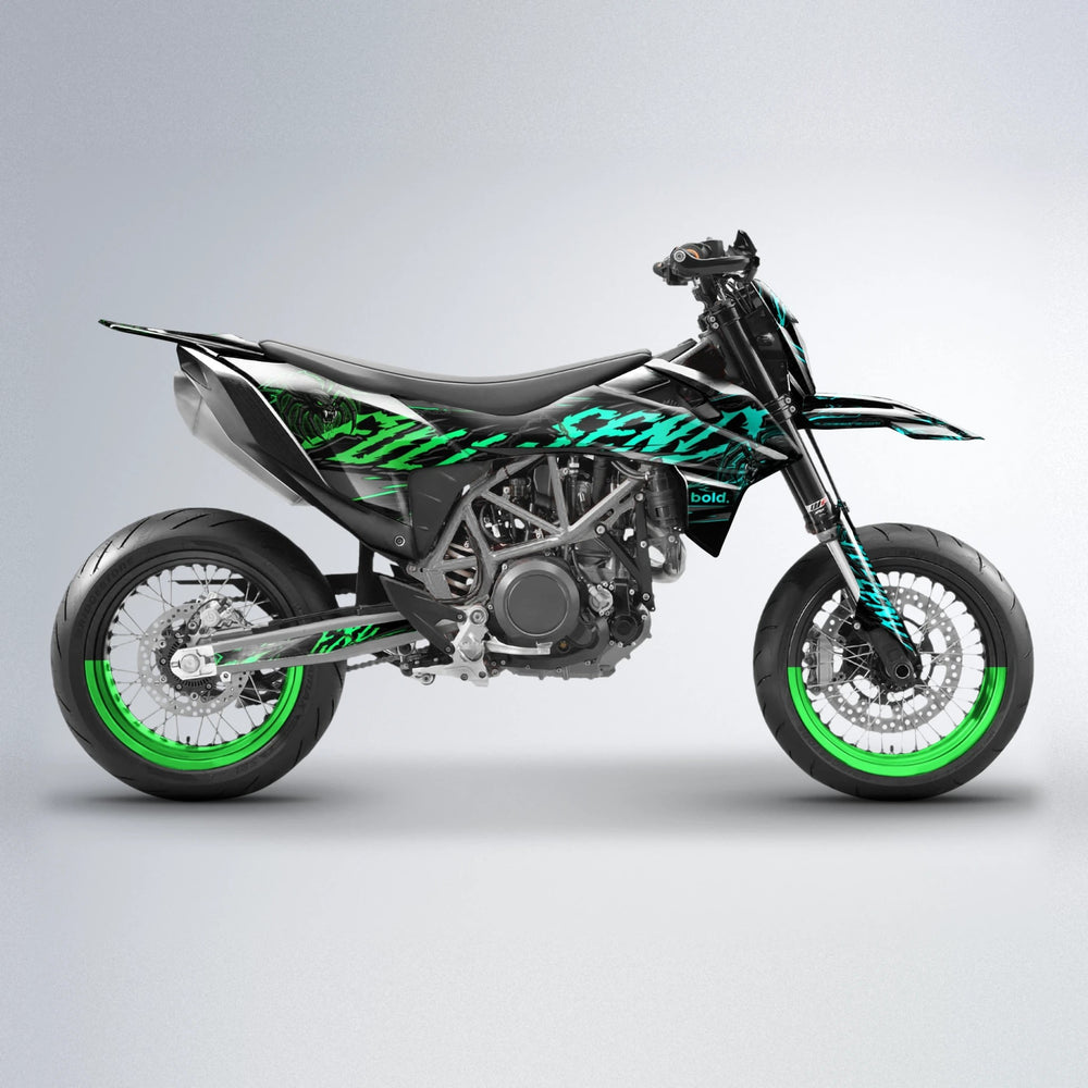 VENOM KTM SMC 690 supermoto graphics kit in Cyan & Green