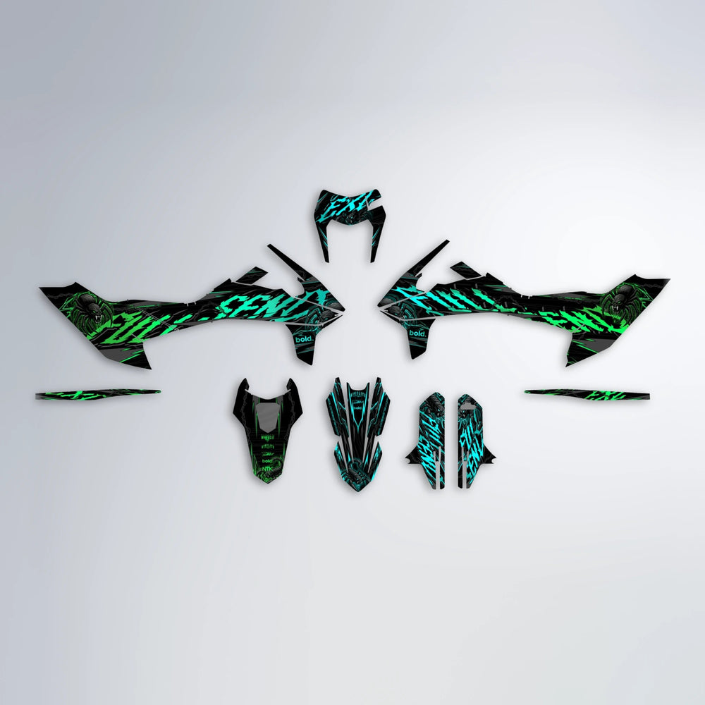 VENOM KTM SMC 690 graphics kit parts layout in Cyan & Green
