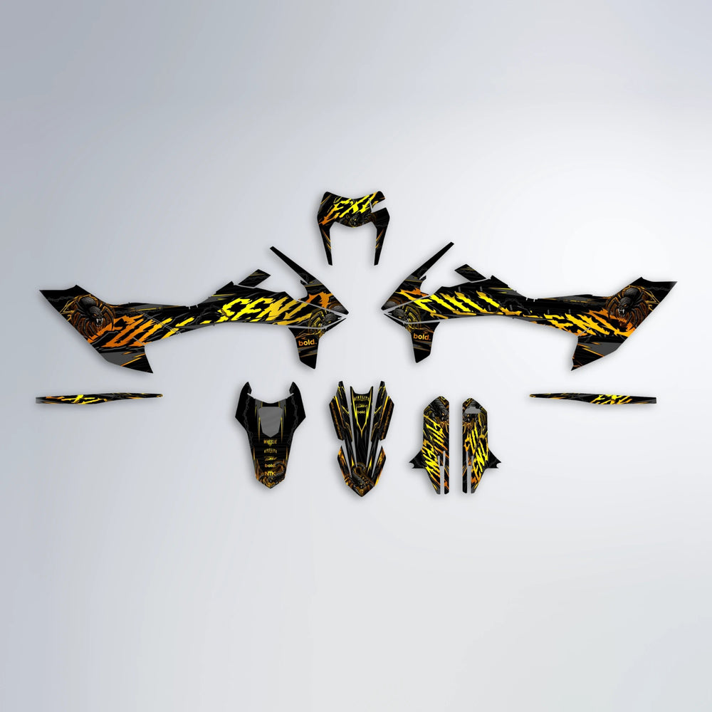 VENOM KTM SMC 690 graphics kit parts layout in Orange & Yellow
