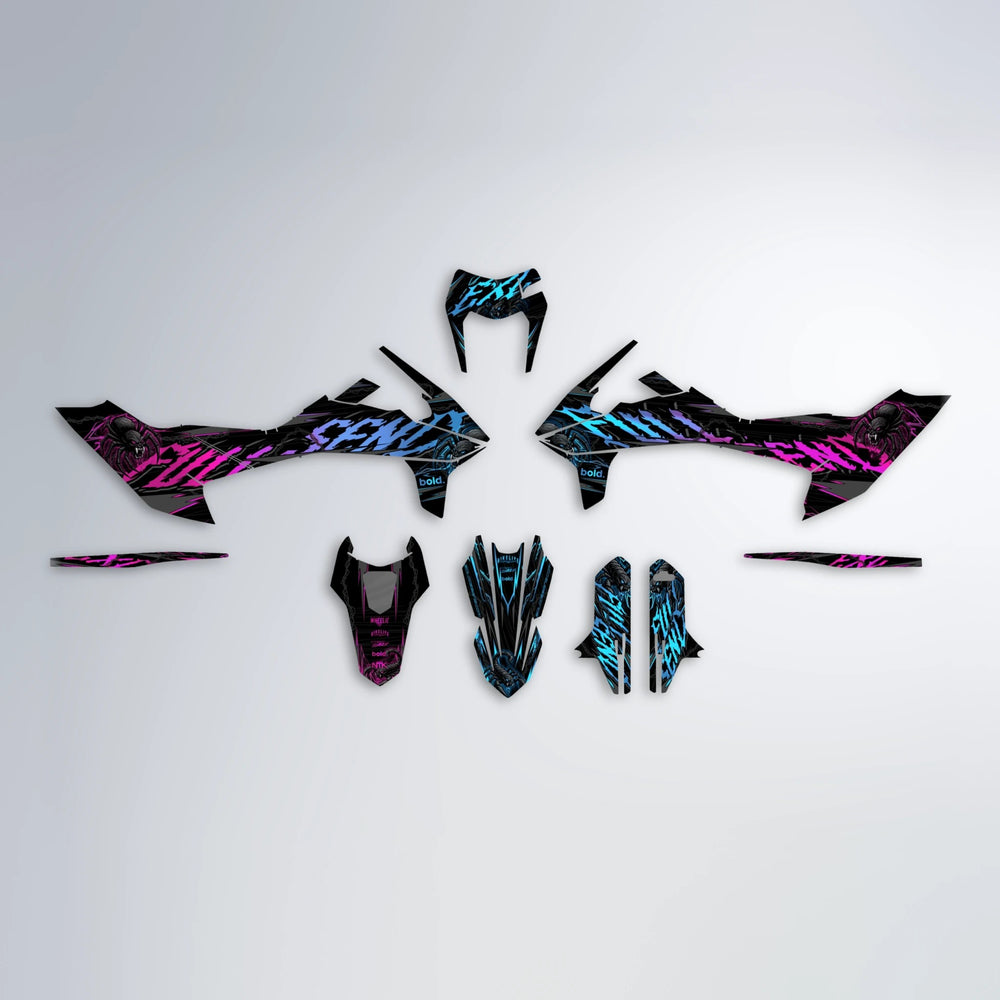 VENOM KTM SMC 690 graphics kit parts layout in Pink & Light Blue