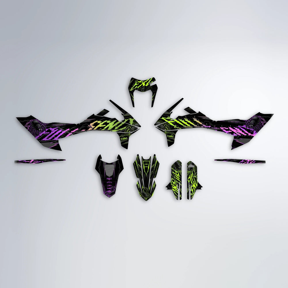 VENOM KTM SMC 690 graphics kit parts layout in Purple & Yellow