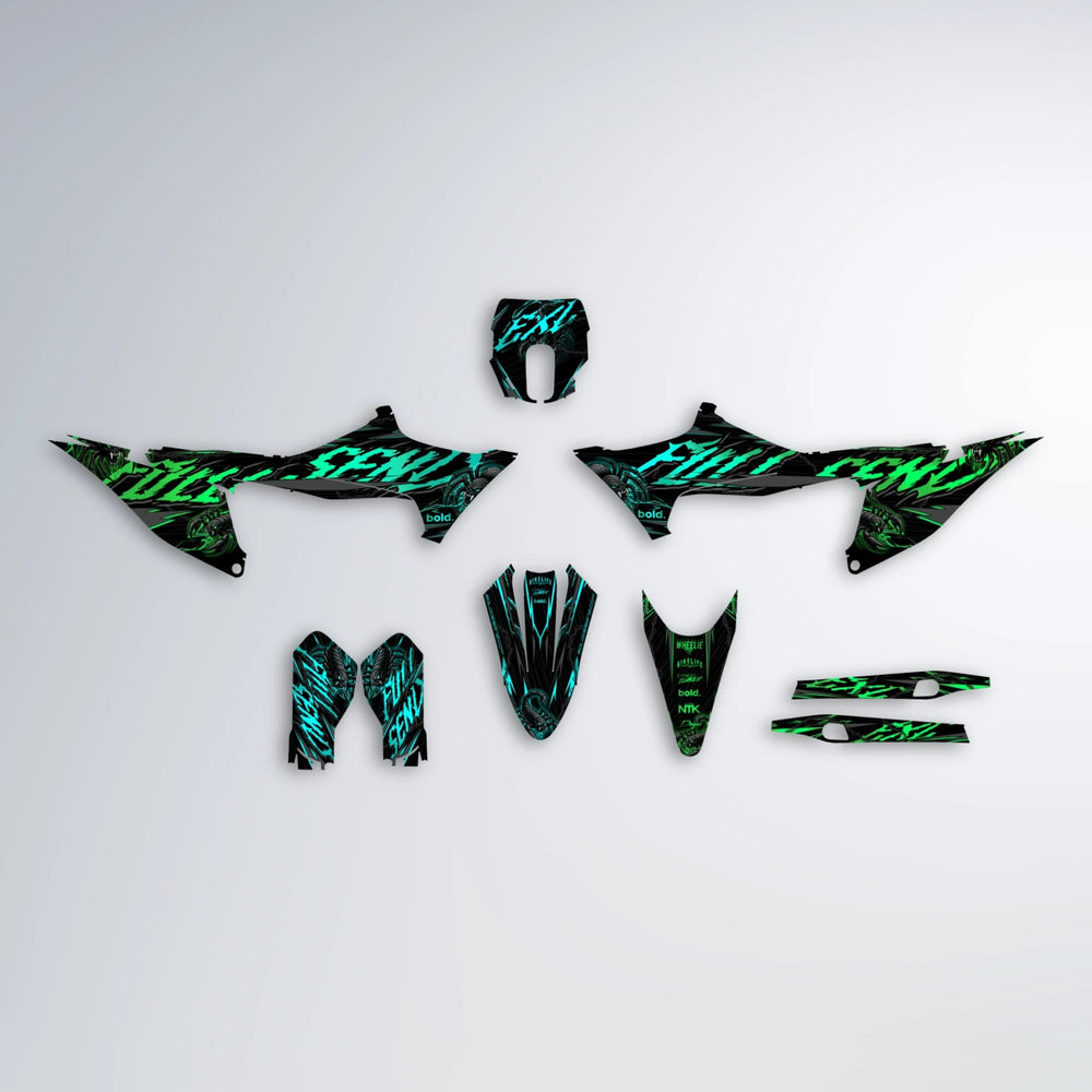 VENOM Stark Varg MX graphics kit parts layout in Cyan & Green