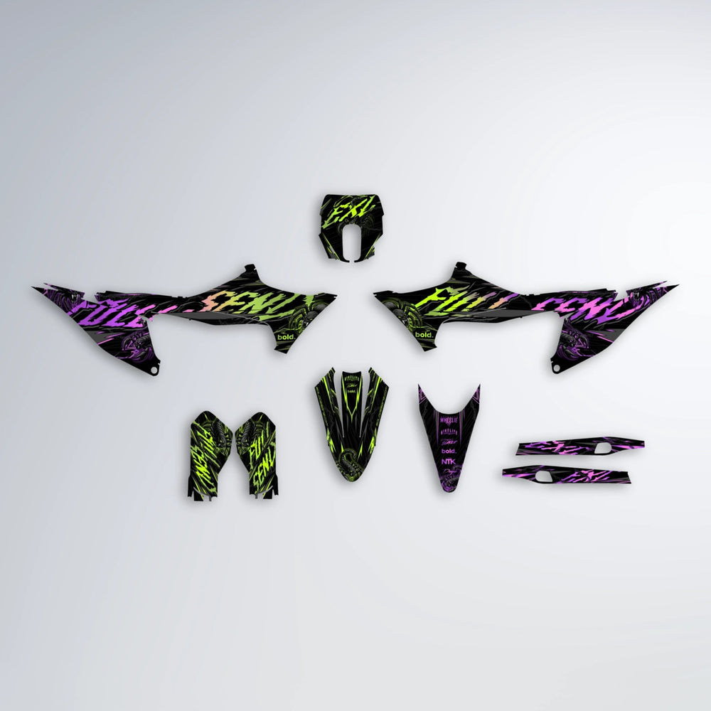 VENOM Stark Varg MX graphics kit parts layout in Purple & Yellow
