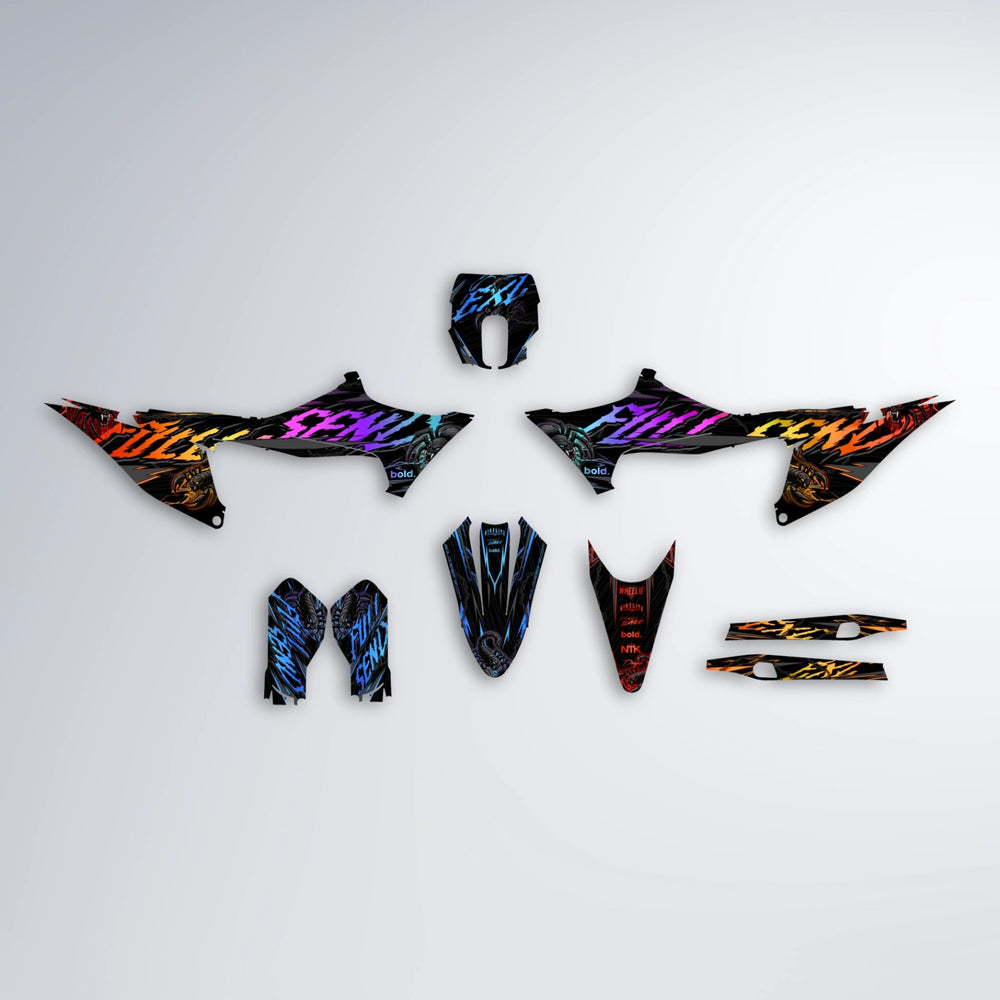 VENOM Stark Varg MX graphics kit parts layout in Sunset Fade