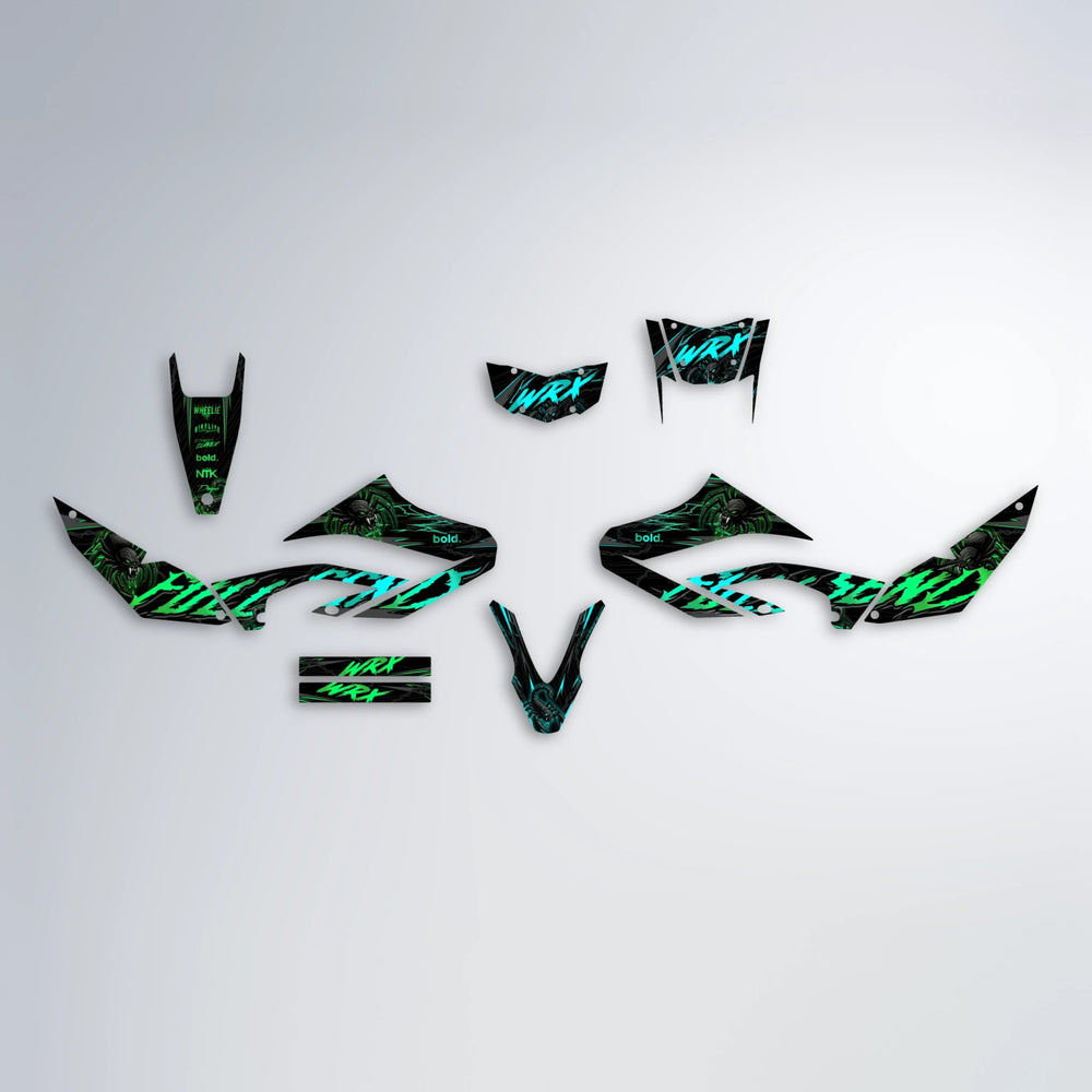 VENOM Yamaha WR 125X graphics kit parts layout in Cyan & Green