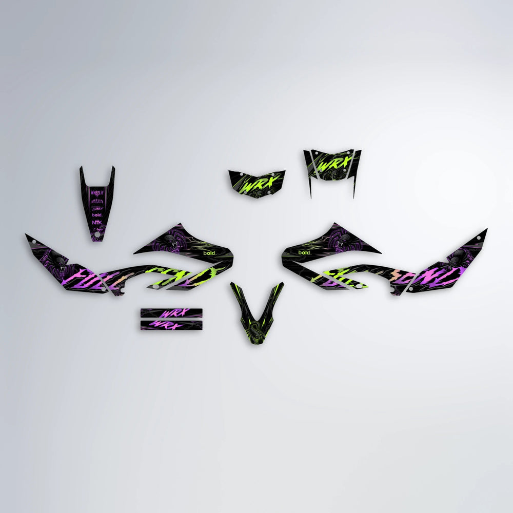 VENOM Yamaha WR 125X graphics kit parts layout in Purple & Yellow