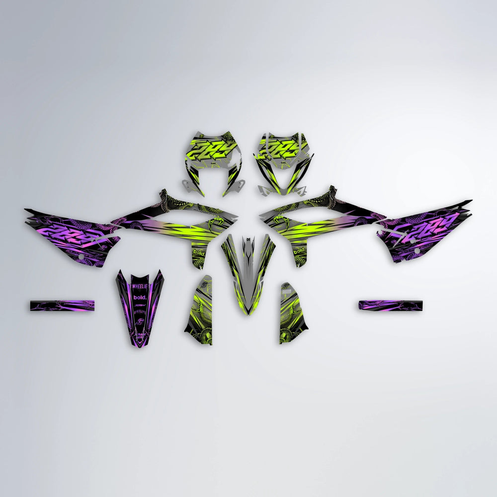 VIPER Beta graphics kit parts layout in Purple & Yellow