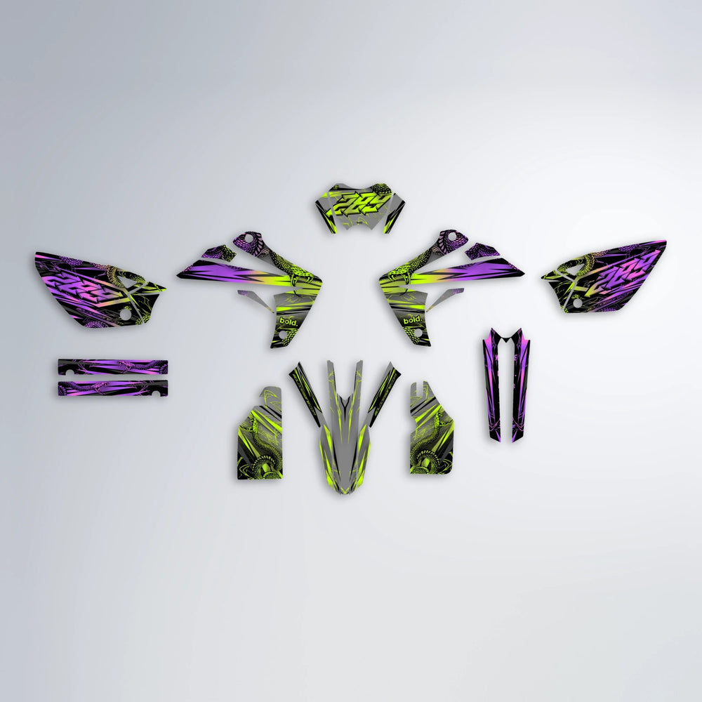 VIPER Rieju MRT graphics kit parts layout in Purple & Yellow