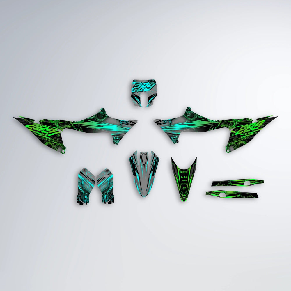 VIPER Stark Varg MX graphics kit parts layout in Cyan & Green