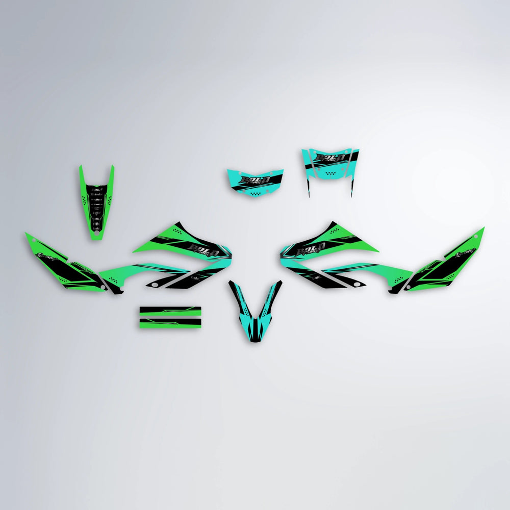 VISIONARY Yamaha WR 125X graphics kit parts layout in Cyan & Green