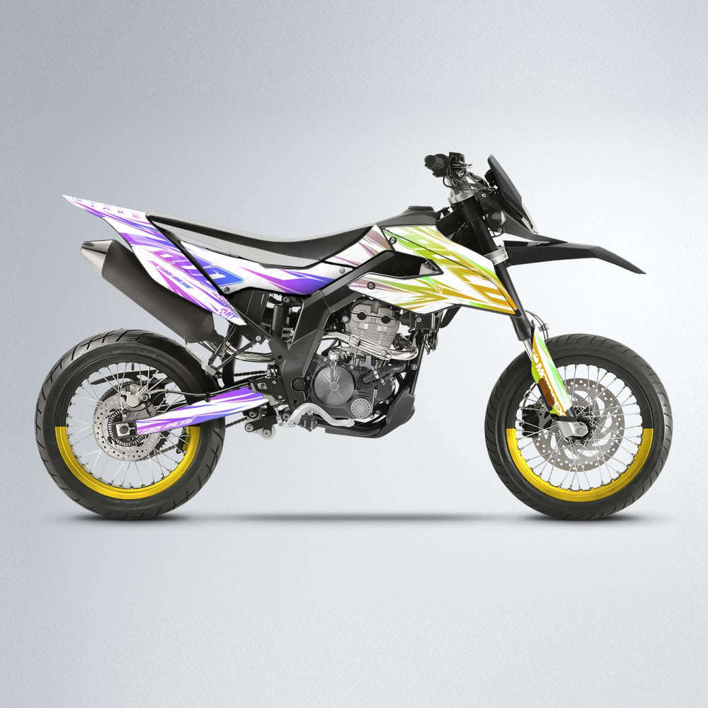 VITALY Aprilia SX 125 supermoto graphics kit in Purple & Yellow