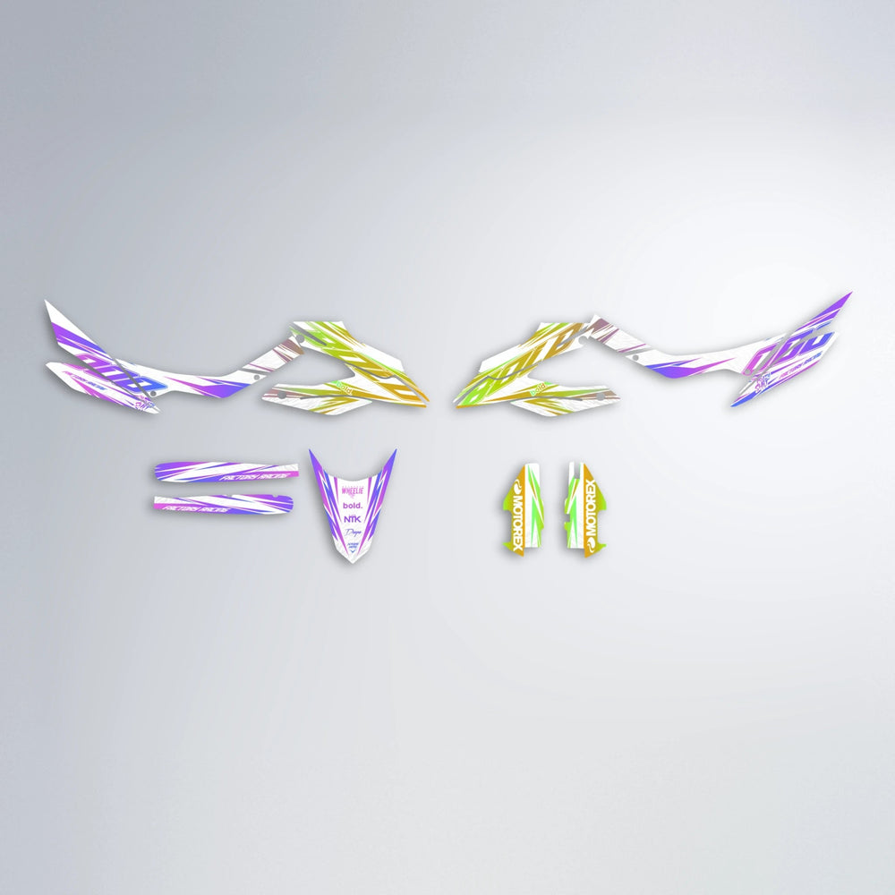 VITALY Aprilia SX 125 graphics kit parts layout in Purple & Yellow