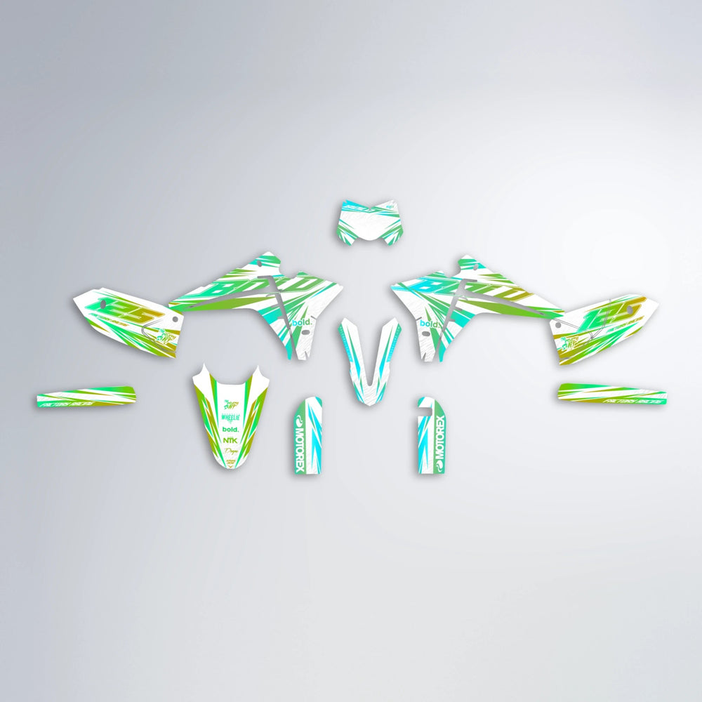 VITALY Fantic graphics kit parts layout in Cyan & Green