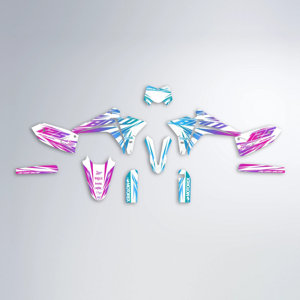 VITALY Fantic graphics kit parts layout in Pink & Light Blue