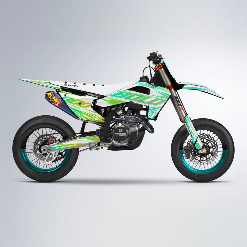 VITALY Husqvarna FE/TE supermoto graphics kit in Cyan & Green