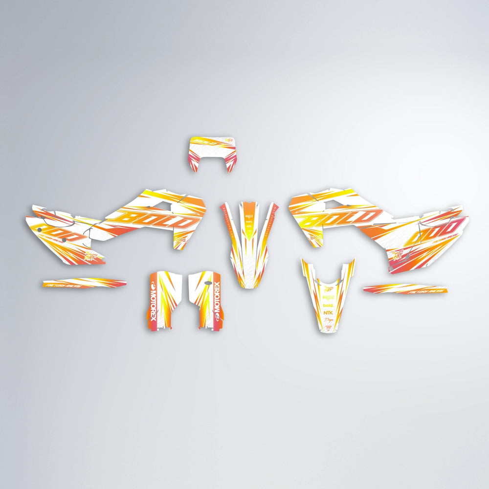 VITALY Husqvarna FE/TE graphics kit parts layout in Orange & Yellow