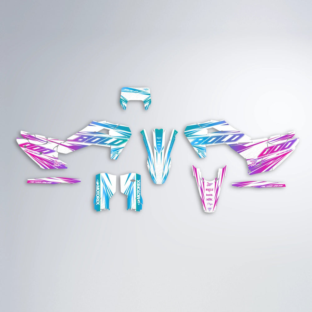 VITALY Husqvarna FE/TE graphics kit parts layout in Pink & Light Blue