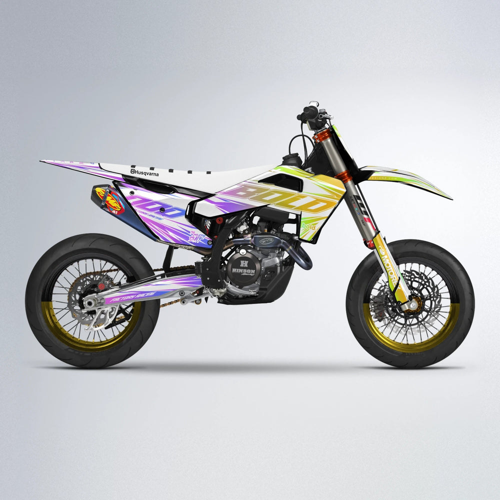 VITALY Husqvarna FE/TE supermoto graphics kit in Purple & Yellow