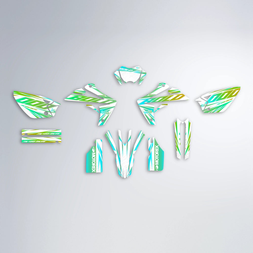 VITALY Rieju MRT graphics kit parts layout in Cyan & Green