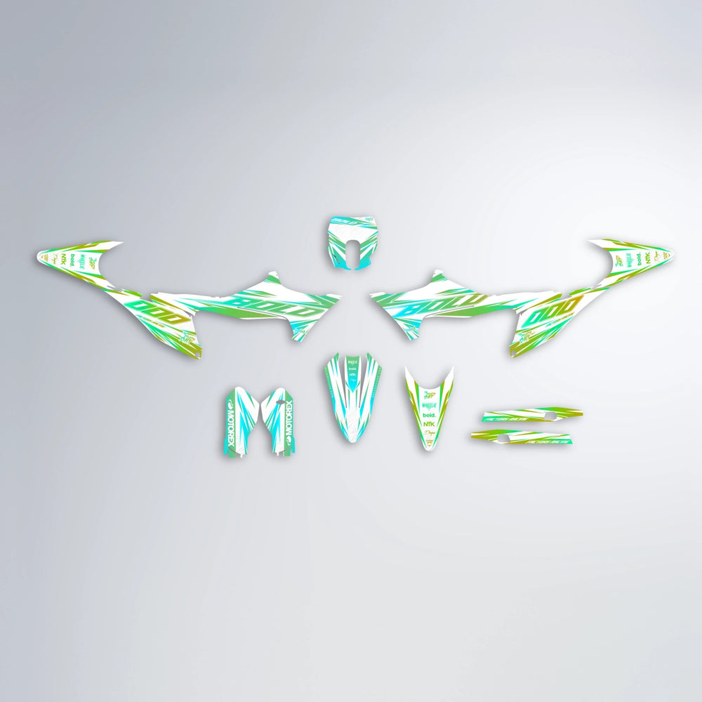 VITALY Stark Varg MX graphics kit parts layout in Cyan & Green