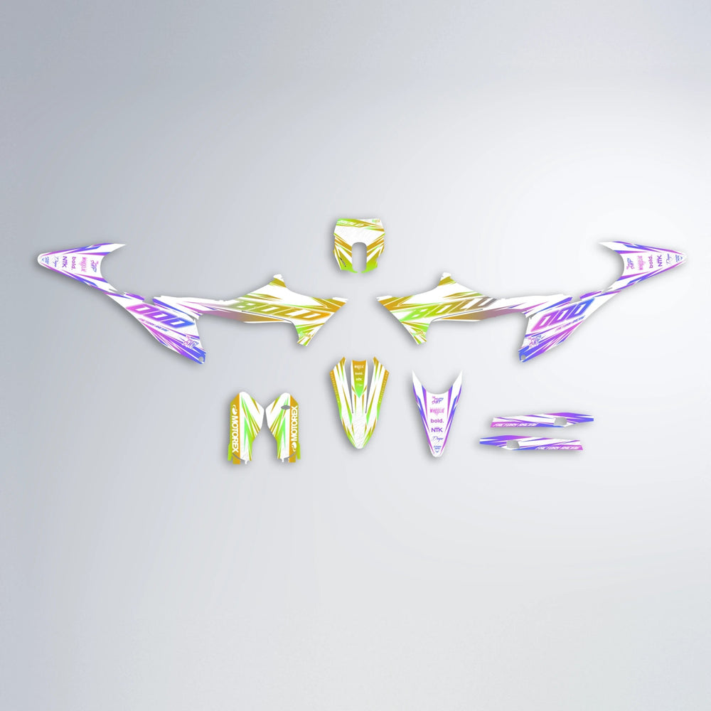 VITALY Stark Varg MX graphics kit parts layout in Purple & Yellow