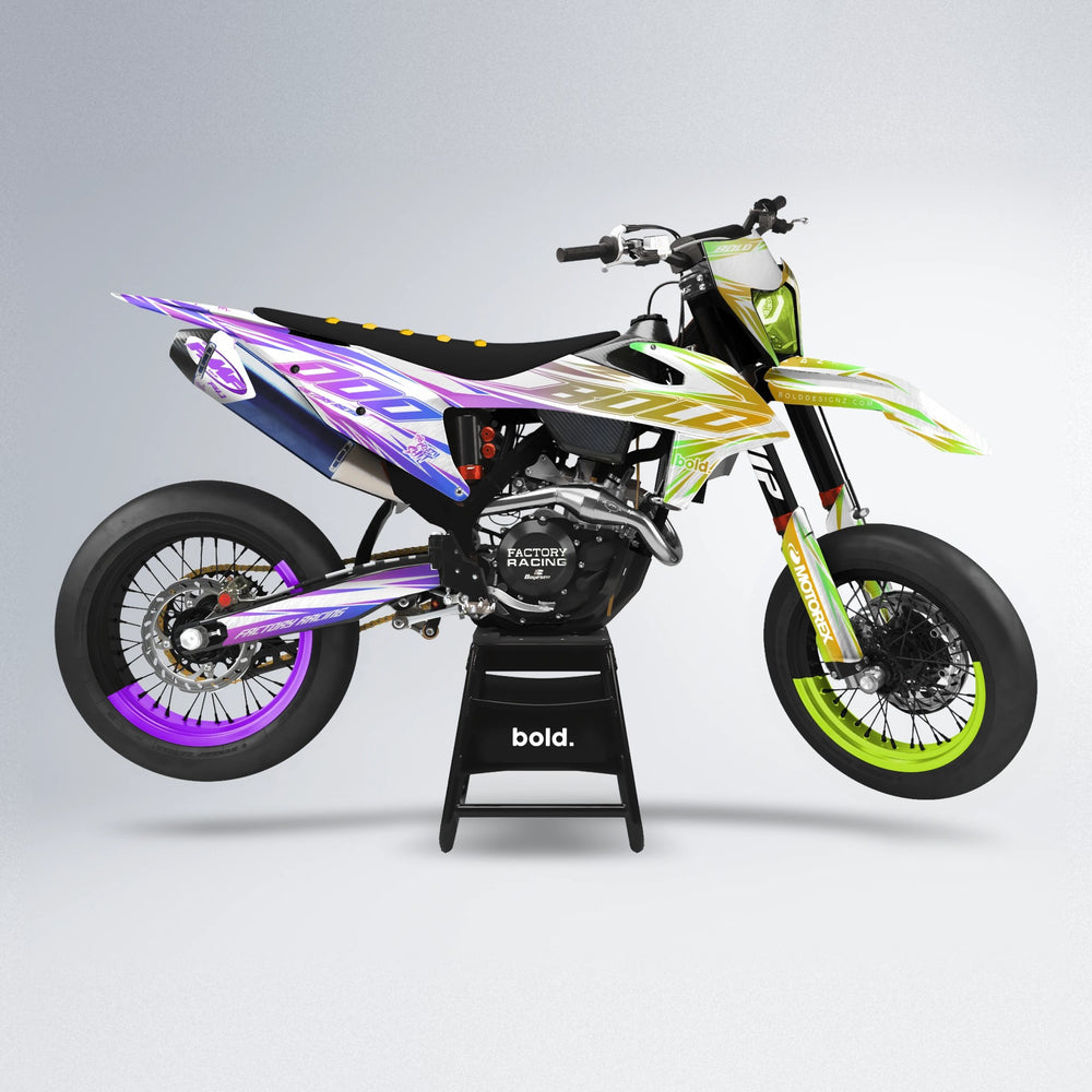 VITALY supermoto graphics kit in Purple & Fluo Yellow