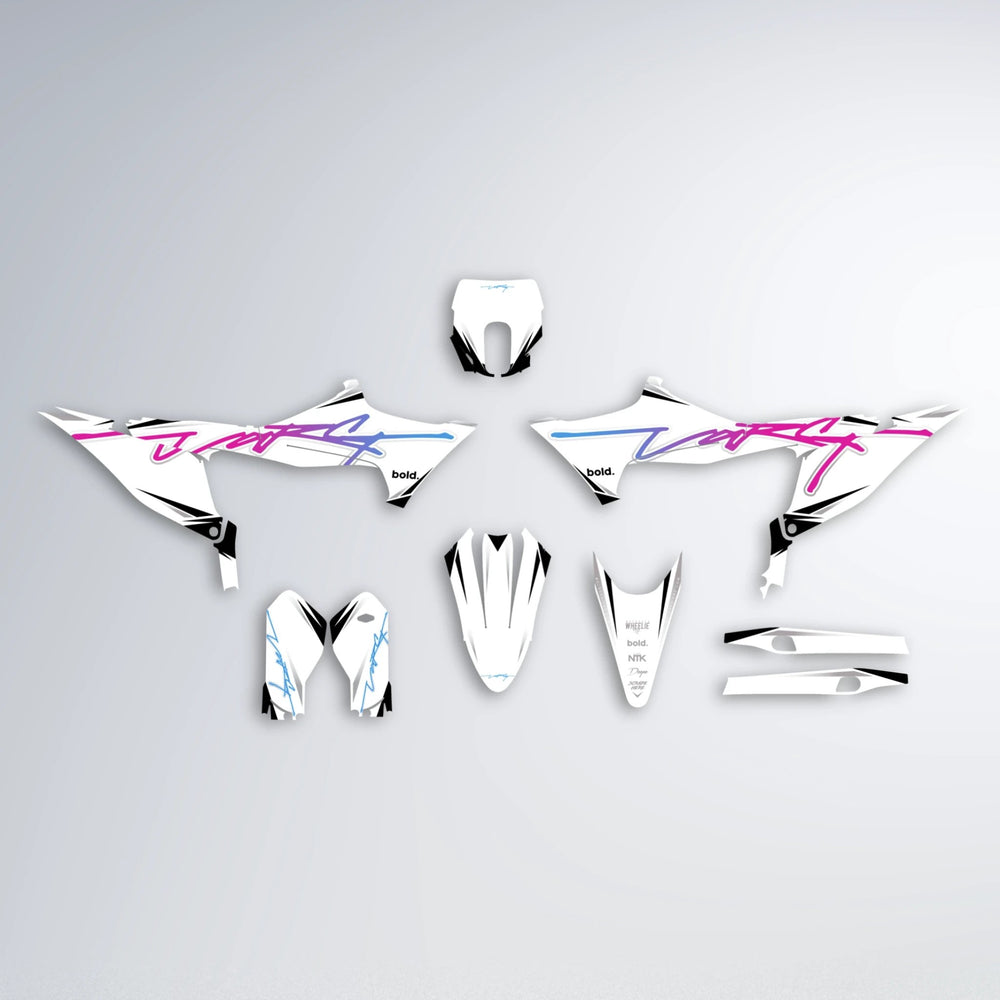 VOLTAGE Stark Varg MX graphics kit parts layout in Pink & Light Blue