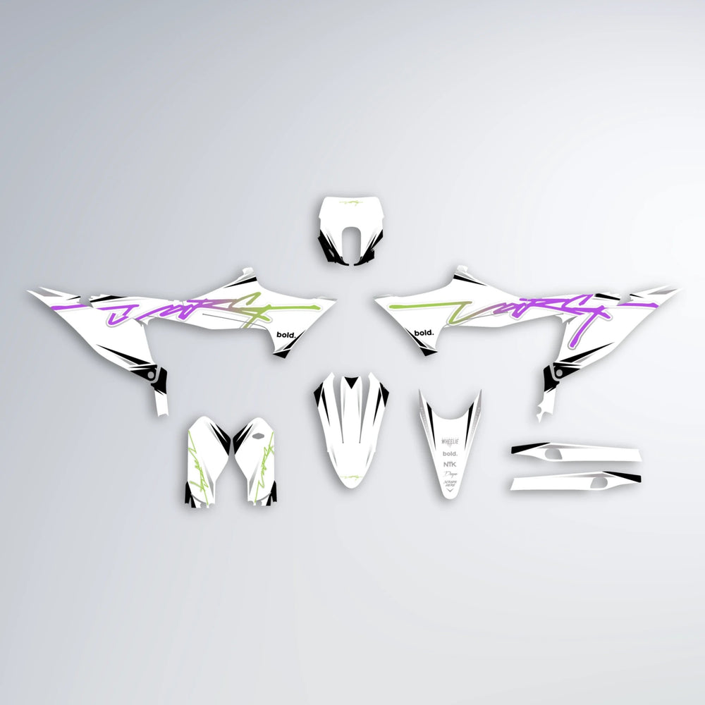 VOLTAGE Stark Varg MX graphics kit parts layout in Purple & Yellow