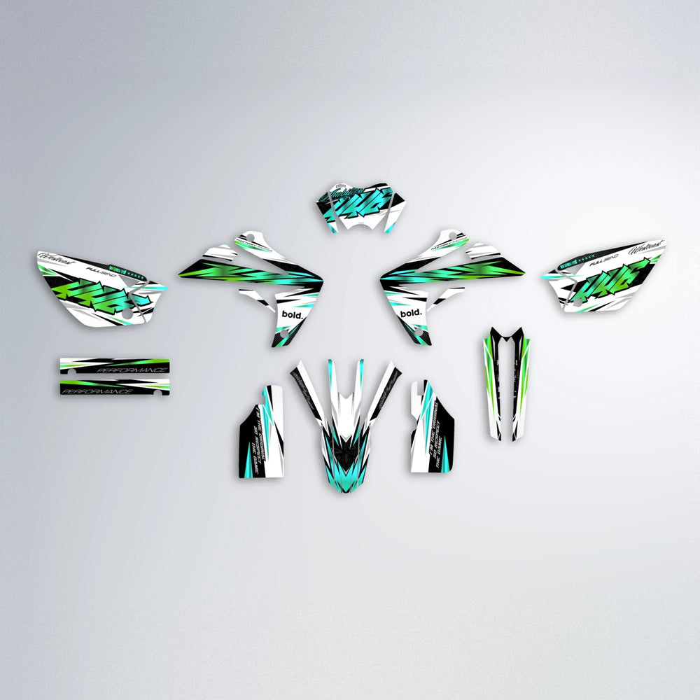 WESTCOAST Rieju MRT graphics kit parts layout in Cyan & Green