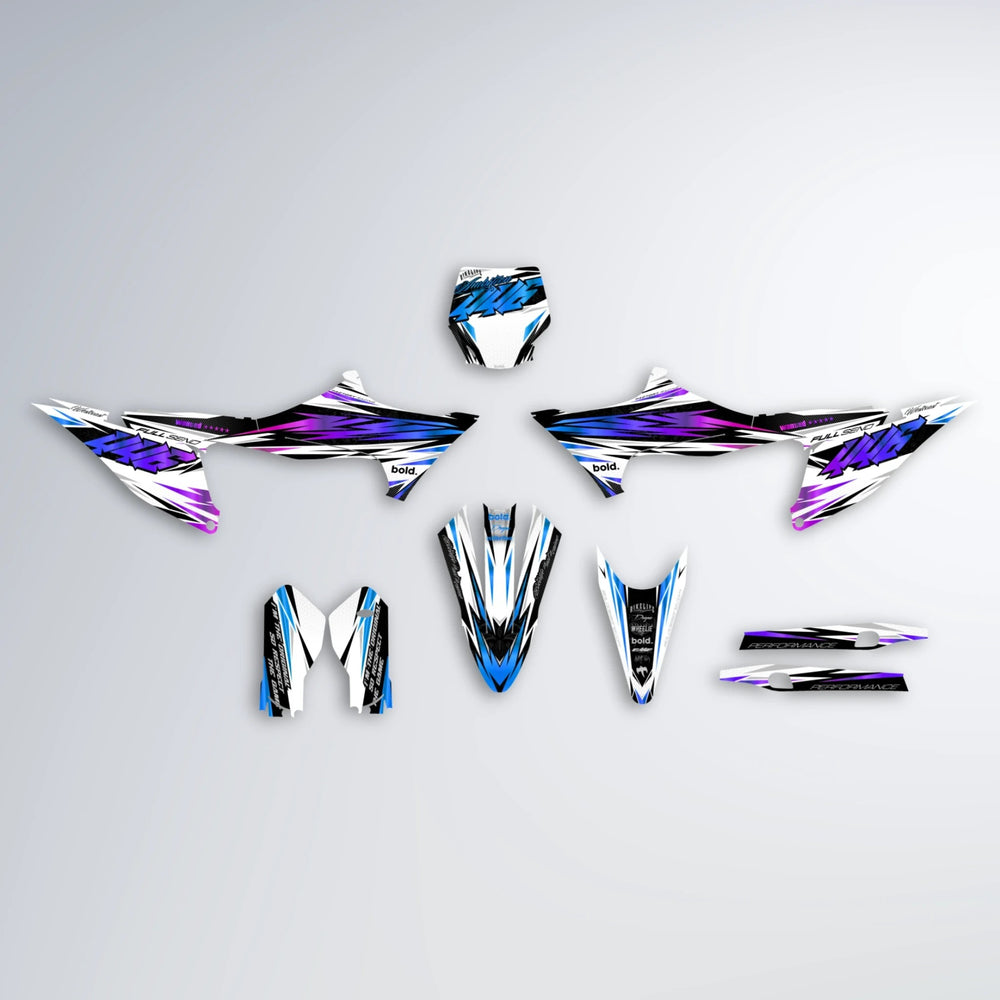WESTCOAST Stark Varg MX graphics kit parts layout in Blue Purple Fade
