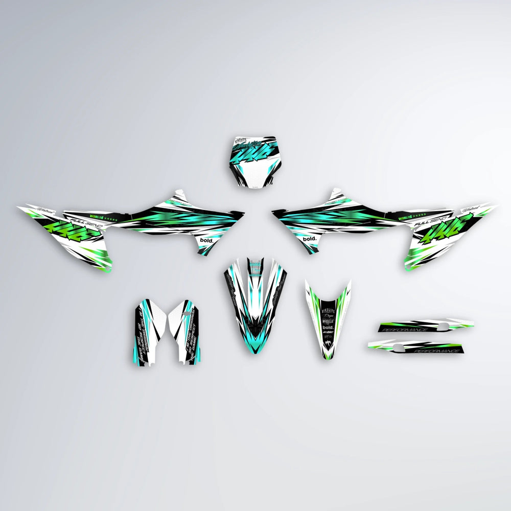WESTCOAST Stark Varg MX graphics kit parts layout in Cyan & Green