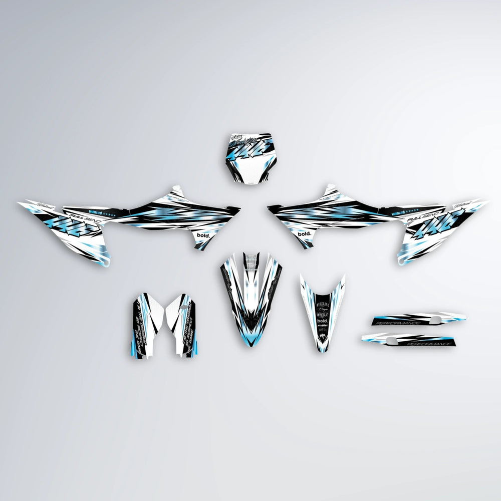 WESTCOAST Stark Varg MX graphics kit parts layout in Light Blue & White