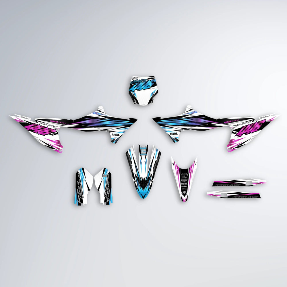 WESTCOAST Stark Varg MX graphics kit parts layout in Pink & Light Blue
