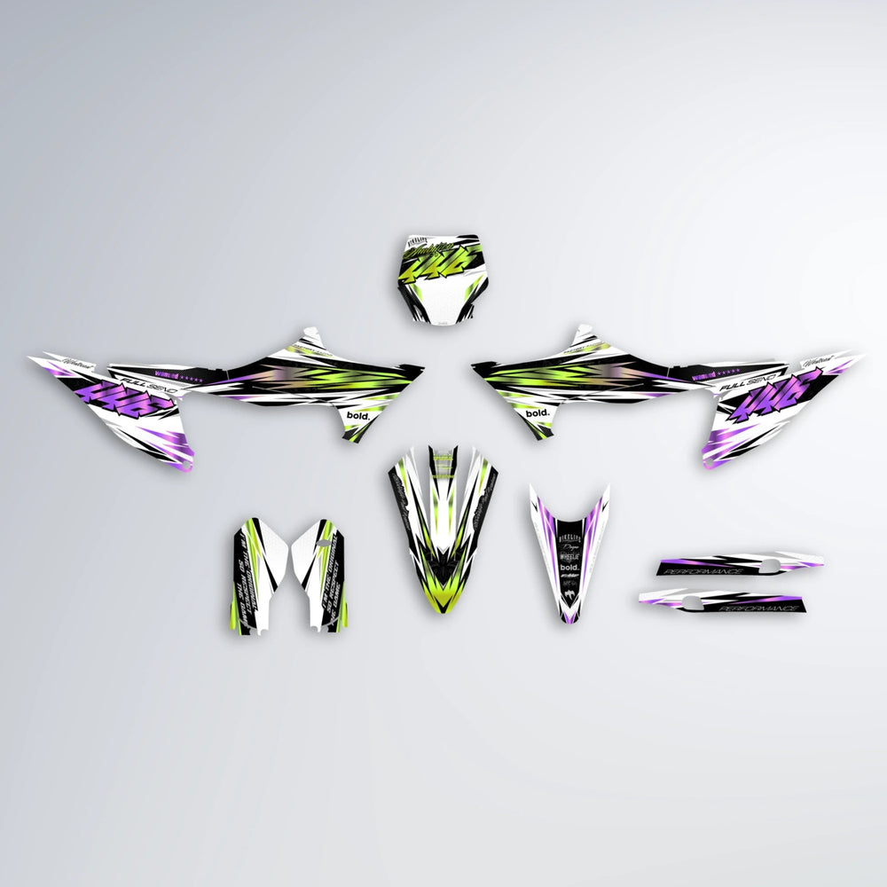 WESTCOAST Stark Varg MX graphics kit parts layout in Purple & Yellow