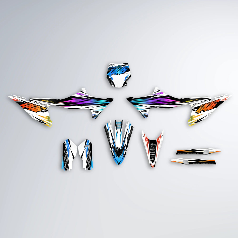 WESTCOAST Stark Varg MX graphics kit parts layout in Sunset Fade