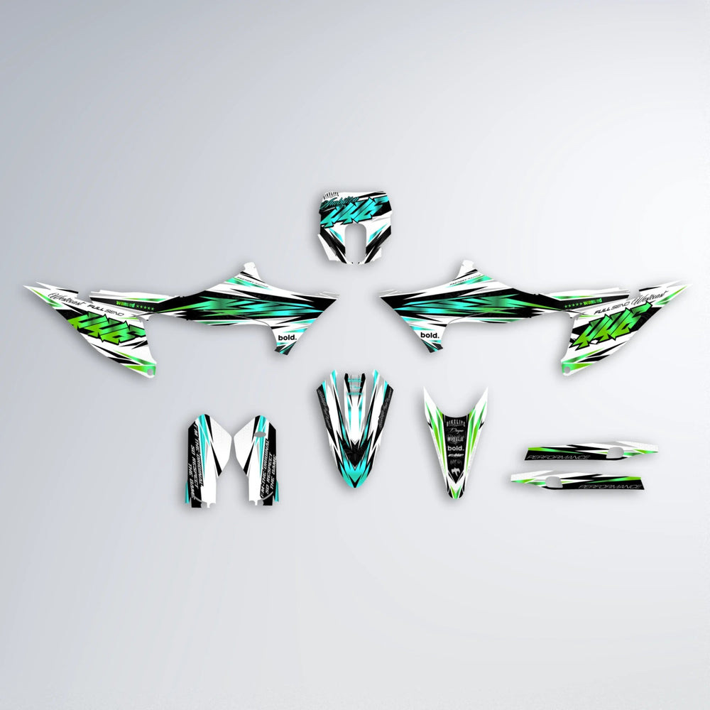 WESTCOAST Stark Varg SM graphics kit parts layout in Cyan & Green
