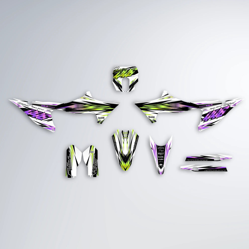 WESTCOAST Stark Varg SM graphics kit parts layout in Purple & Yellow