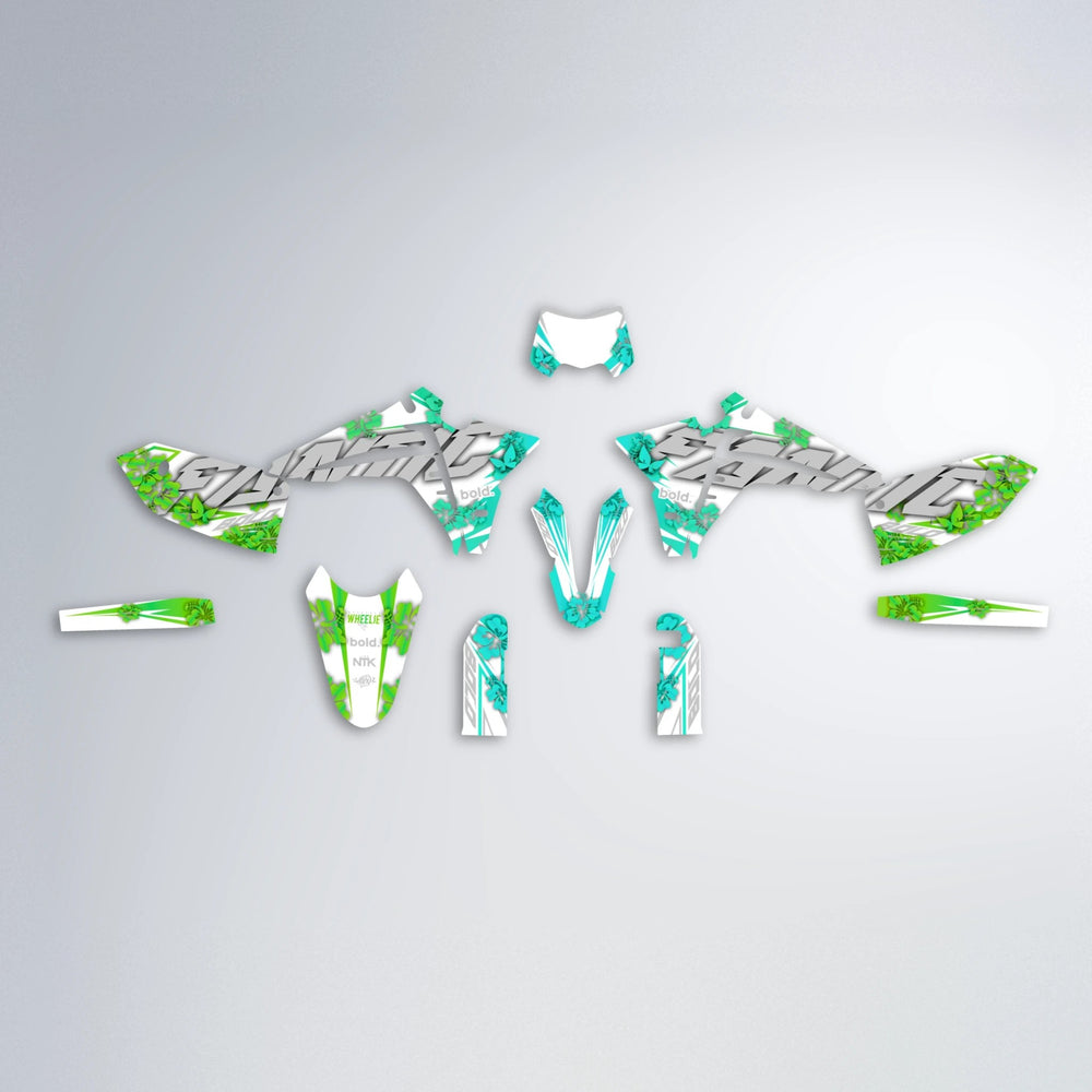 WNICOO Fantic graphics kit parts layout in Cyan & Green