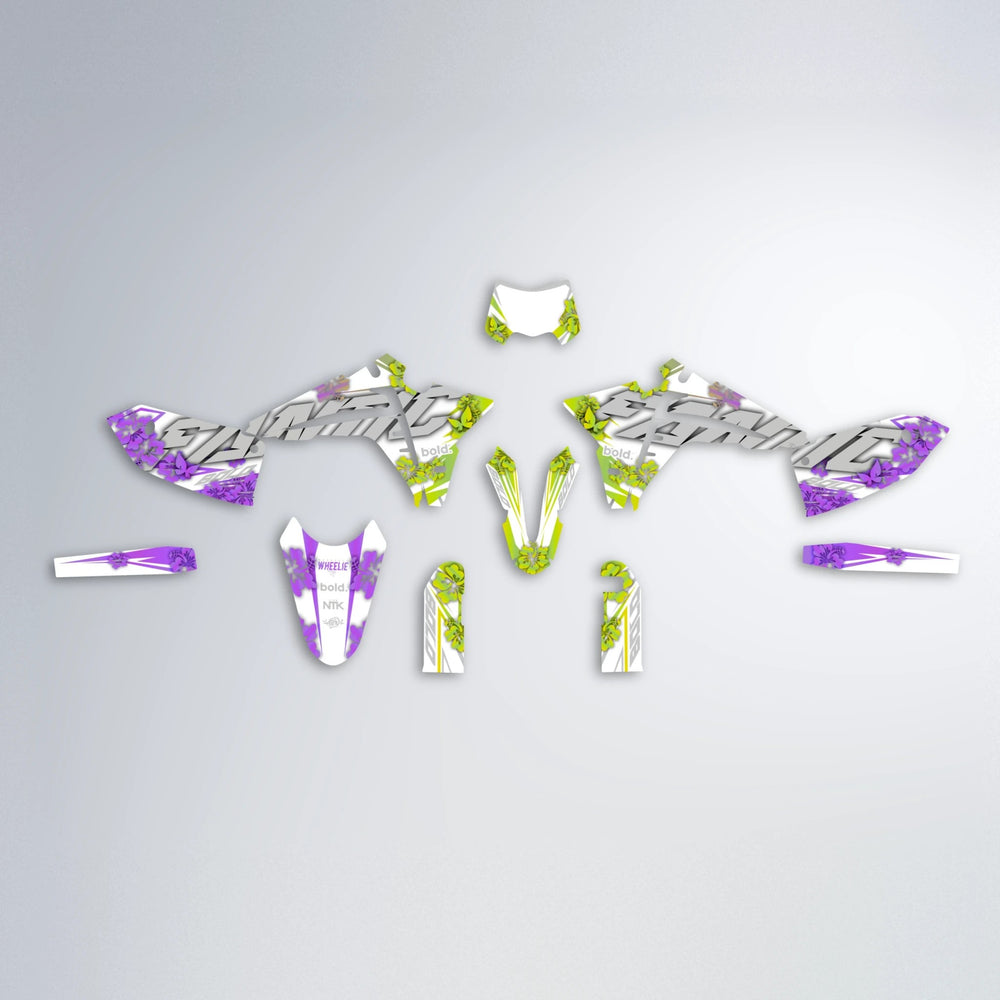 WNICOO Fantic graphics kit parts layout in Purple & Yellow